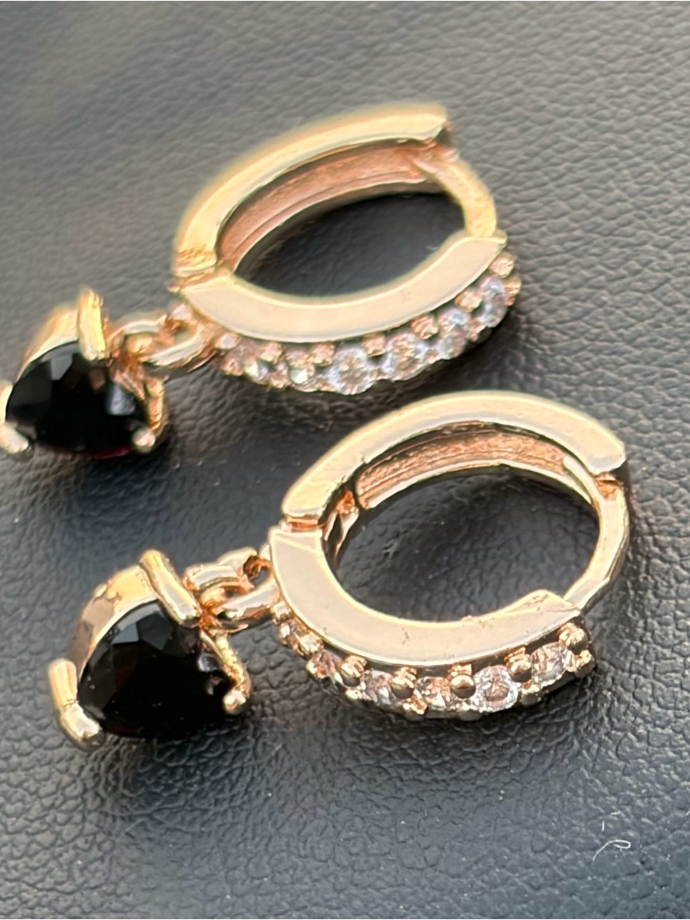 Rose Gold Heart Drop Earrings with Black Heart Stones